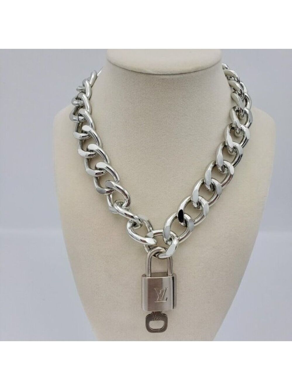 Stainless Steel Silver-Plated Necklace with Authentic Louis Vuitton Padlock